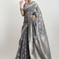 Janasya Grey Linen Blend Floral Jacquard Saree | Swadesiicart