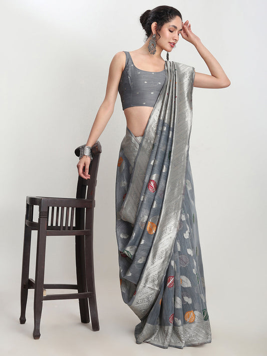 Janasya Grey Linen Blend Floral Jacquard Saree | Swadesiicart