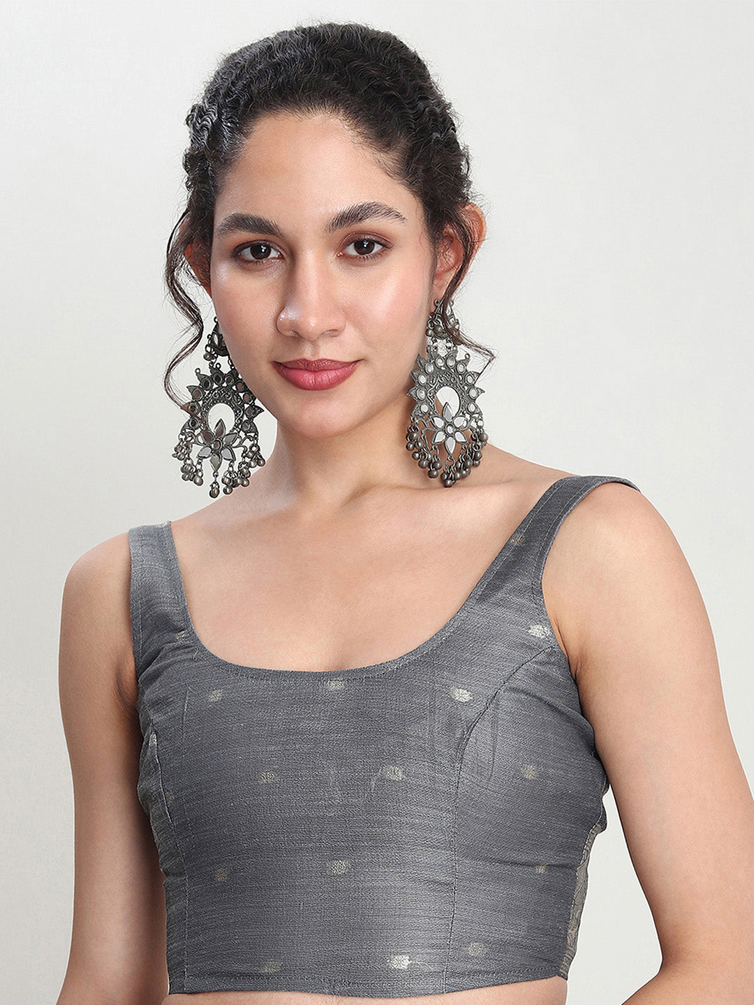 Janasya Grey Linen Blend Floral Jacquard Saree | Swadesiicart