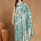 Janasya Sea Green Linen Blend Floral Jacquard Saree | Swadesiicart