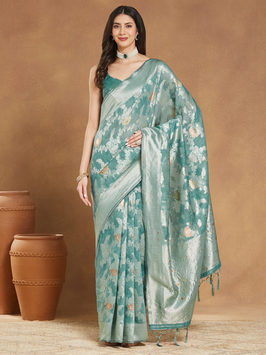 Janasya Sea Green Linen Blend Floral Jacquard Saree | Swadesiicart