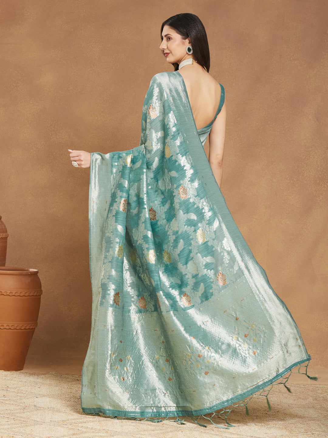 Janasya Sea Green Linen Blend Floral Jacquard Saree | Swadesiicart