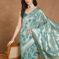 Janasya Sea Green Linen Blend Floral Jacquard Saree | Swadesiicart