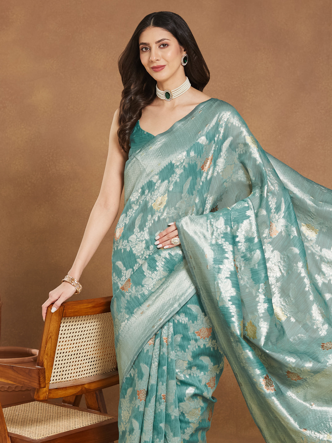 Janasya Sea Green Linen Blend Floral Jacquard Saree | Swadesiicart