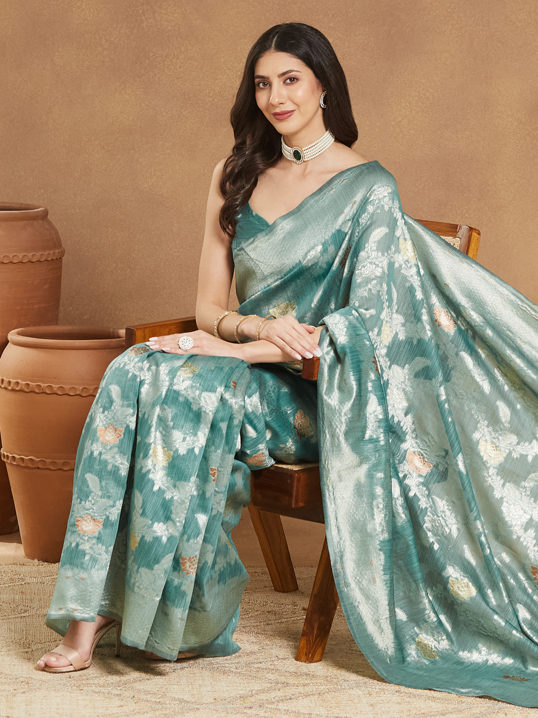 Janasya Sea Green Linen Blend Floral Jacquard Saree | Swadesiicart