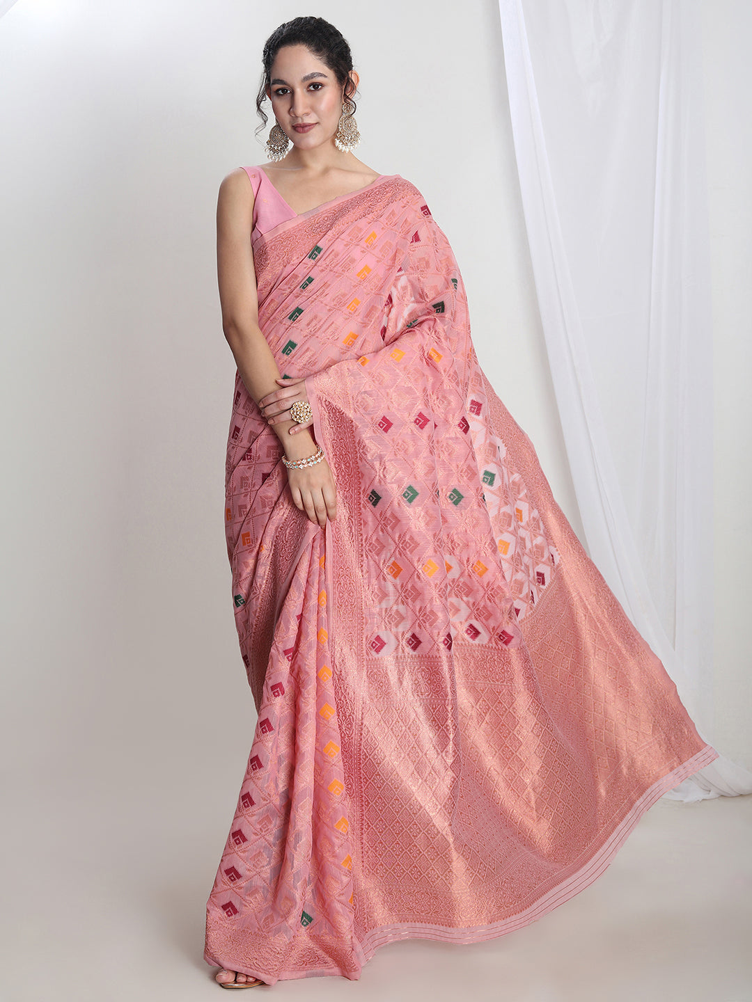 Janasya Pink Linen Blend Geometric Jacquard Saree | Swadesiicart