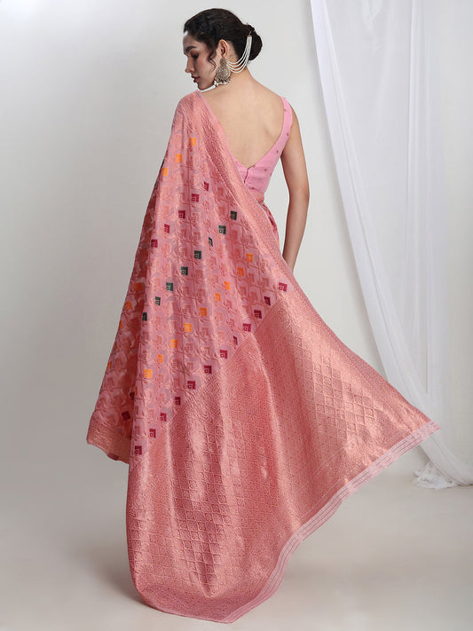 Janasya Pink Linen Blend Geometric Jacquard Saree | Swadesiicart