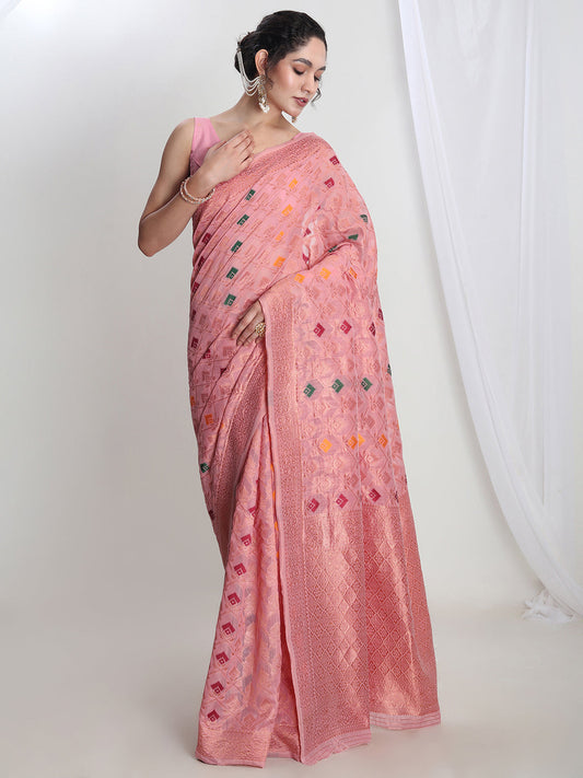 Janasya Pink Linen Blend Geometric Jacquard Saree | Swadesiicart