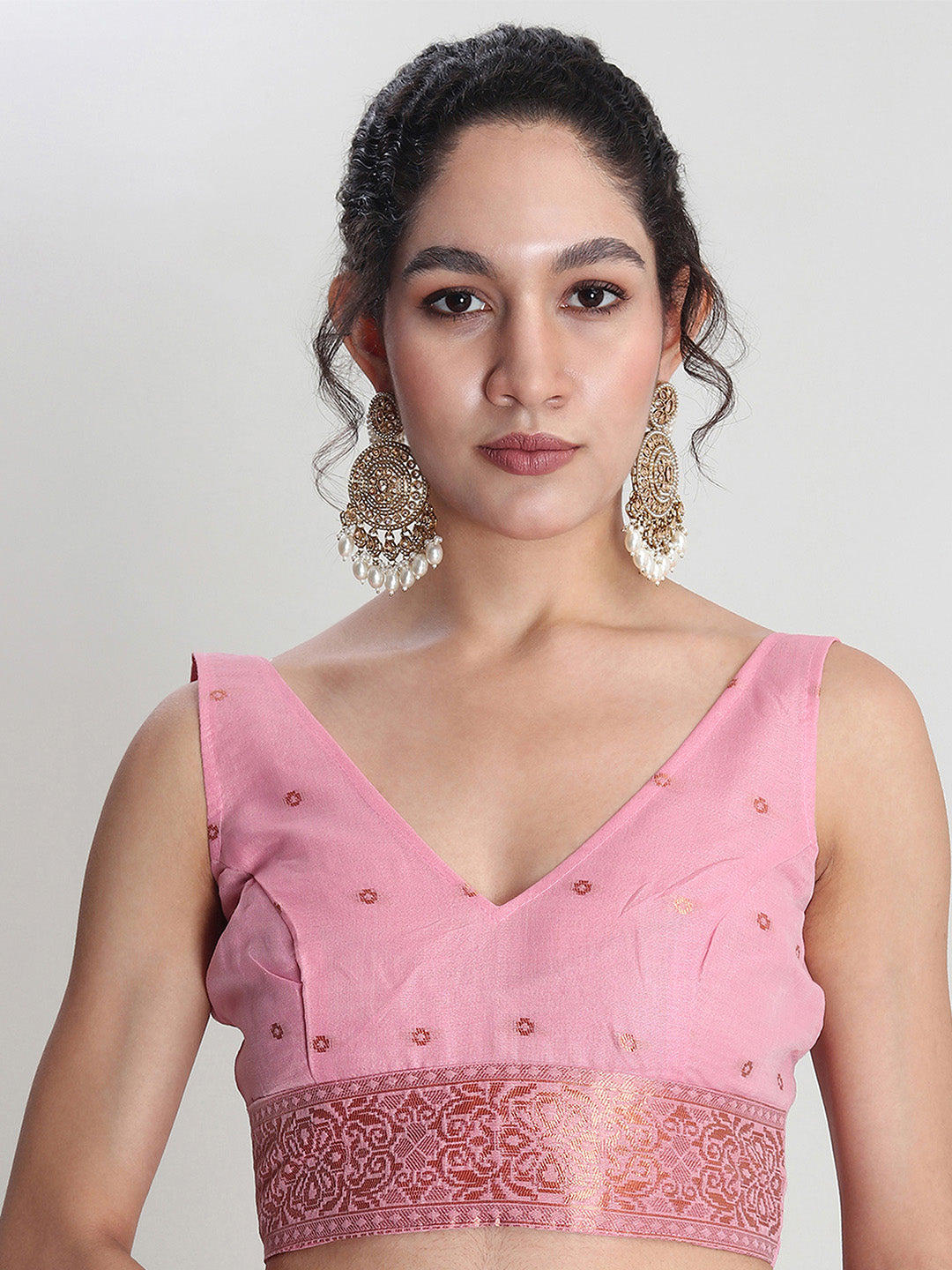 Janasya Pink Linen Blend Geometric Jacquard Saree | Swadesiicart