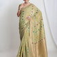 Janasya Green Linen Blend Geometric Jacquard Saree | Swadesiicart