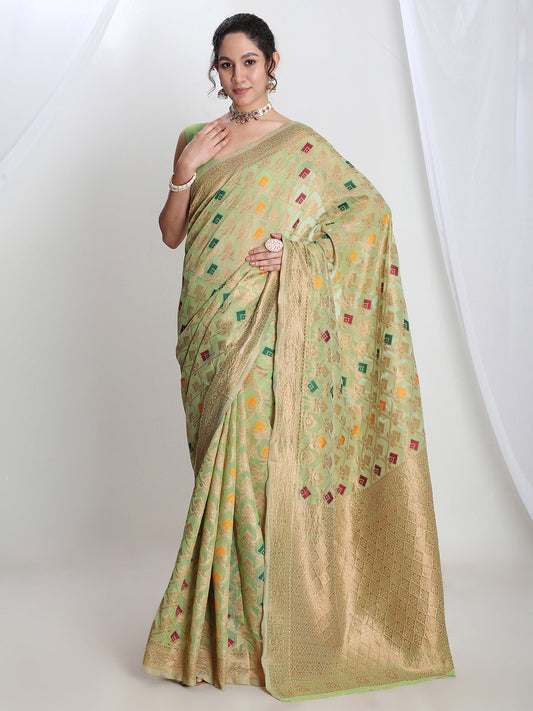 Janasya Green Linen Blend Geometric Jacquard Saree | Swadesiicart