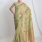 Janasya Green Linen Blend Geometric Jacquard Saree | Swadesiicart