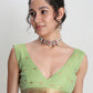 Janasya Green Linen Blend Geometric Jacquard Saree | Swadesiicart