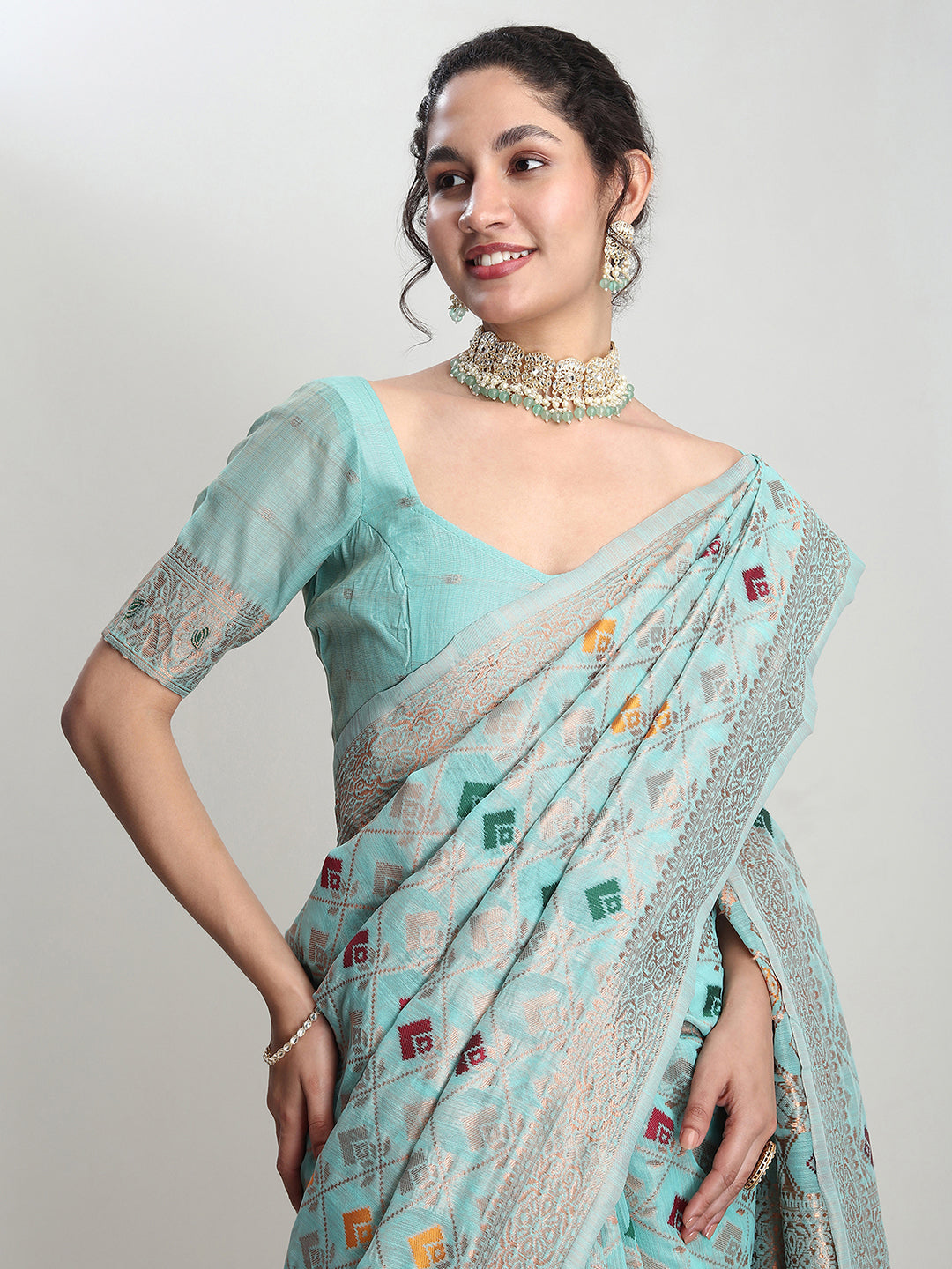 Janasya Sea Green Linen Blend Geometric Jacquard Saree | Swadesiicart