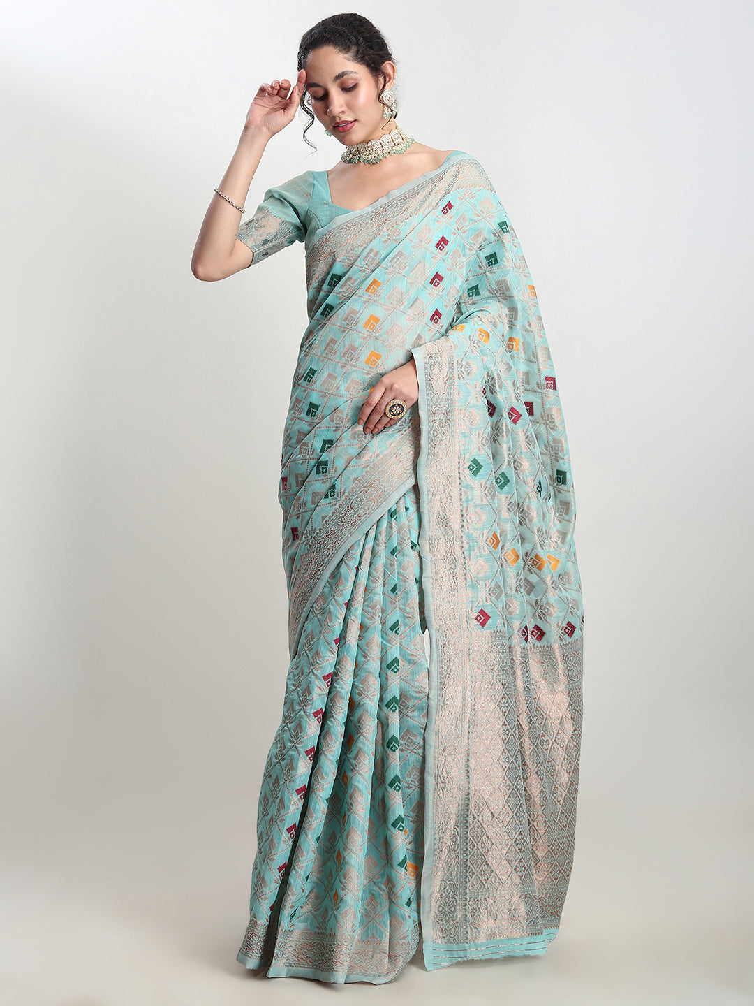 Janasya Sea Green Linen Blend Geometric Jacquard Saree | Swadesiicart