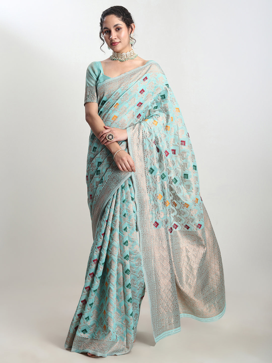 Janasya Sea Green Linen Blend Geometric Jacquard Saree | Swadesiicart