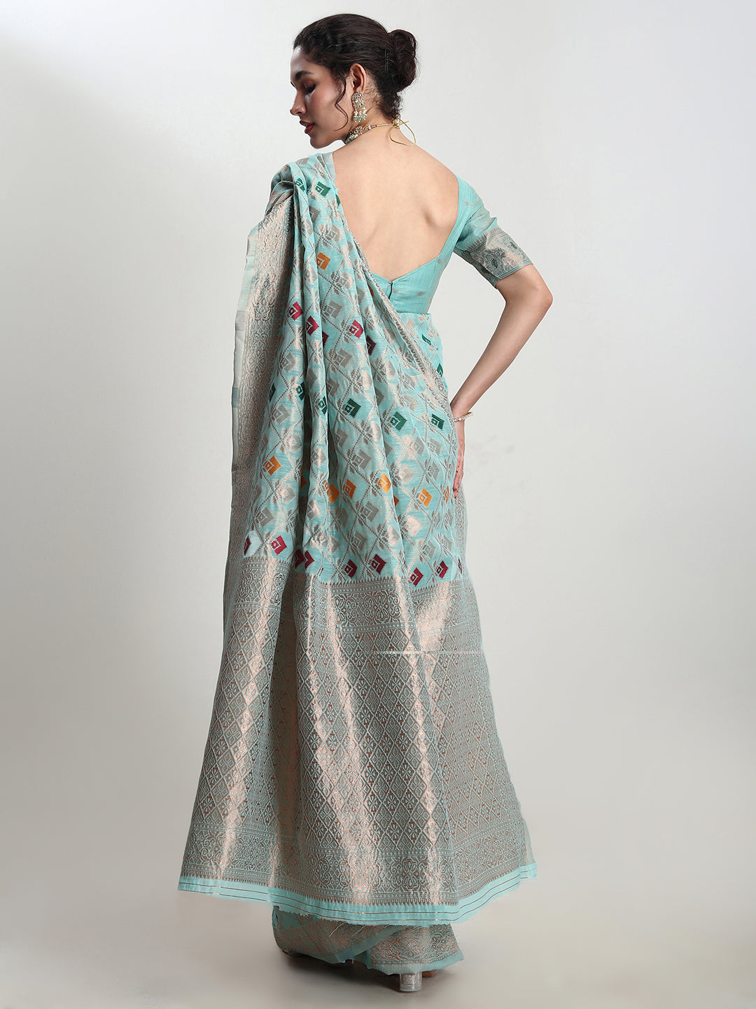 Janasya Sea Green Linen Blend Geometric Jacquard Saree | Swadesiicart