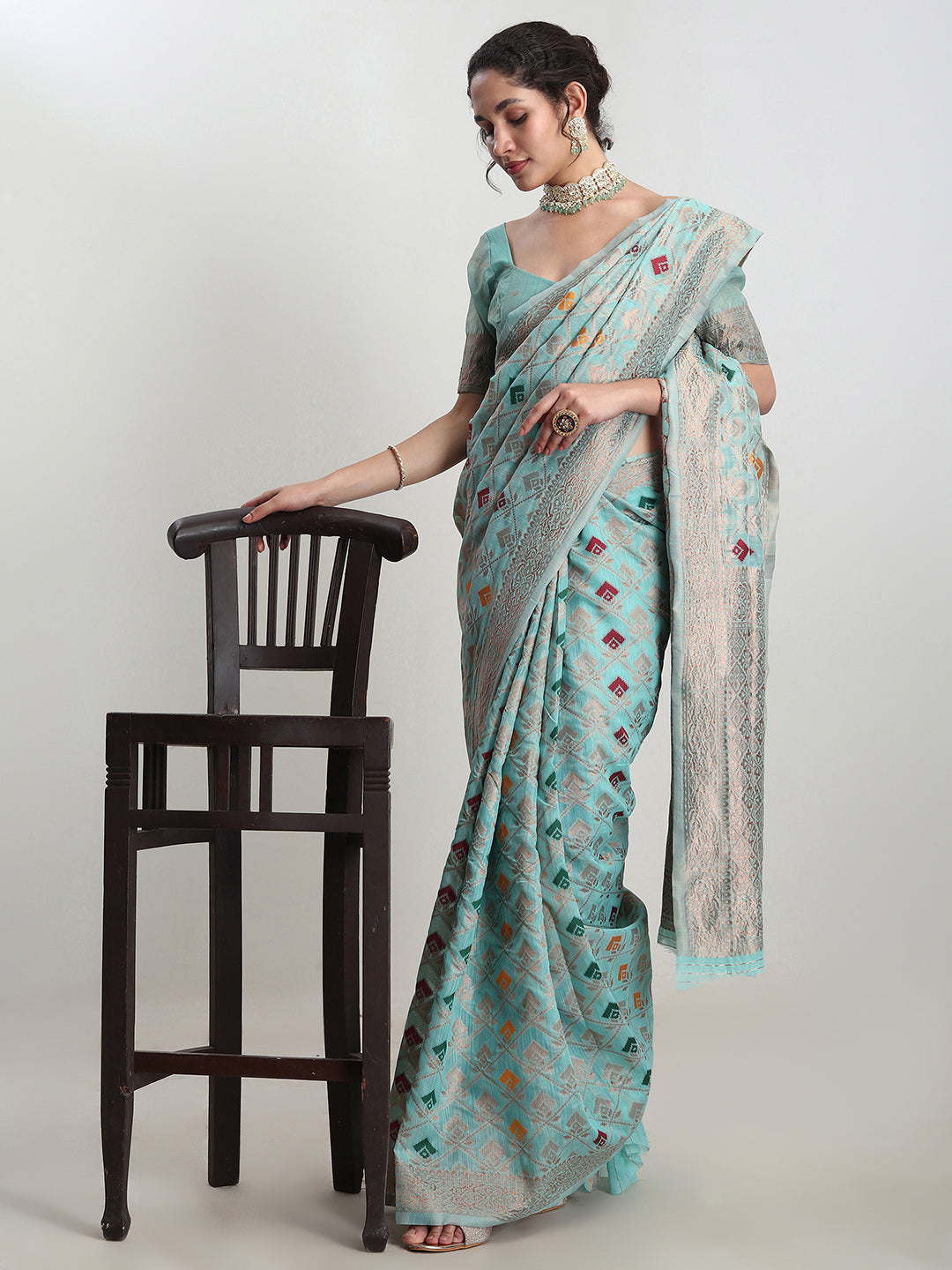 Janasya Sea Green Linen Blend Geometric Jacquard Saree | Swadesiicart