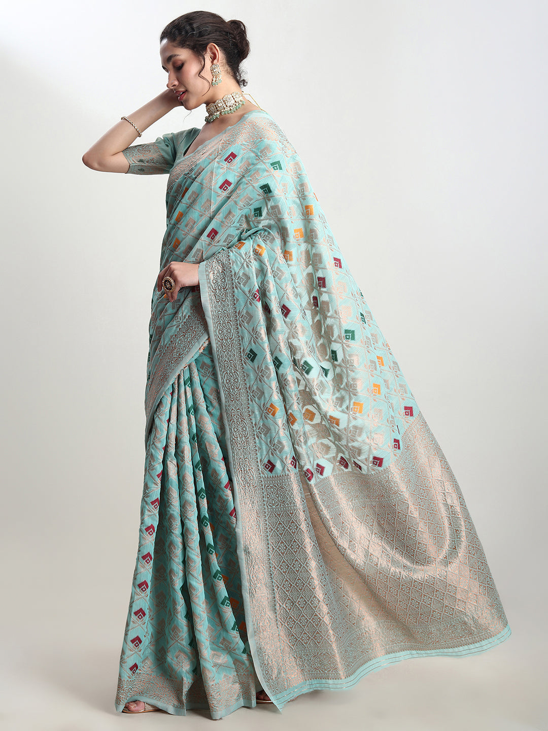 Janasya Sea Green Linen Blend Geometric Jacquard Saree | Swadesiicart