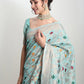 Janasya Sea Green Linen Blend Geometric Jacquard Saree | Swadesiicart