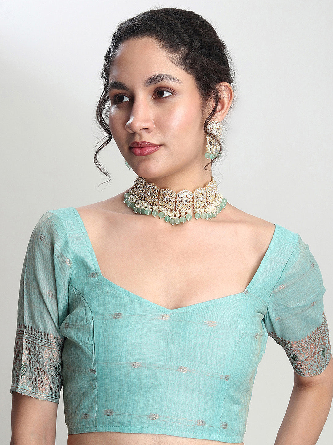Janasya Sea Green Linen Blend Geometric Jacquard Saree | Swadesiicart