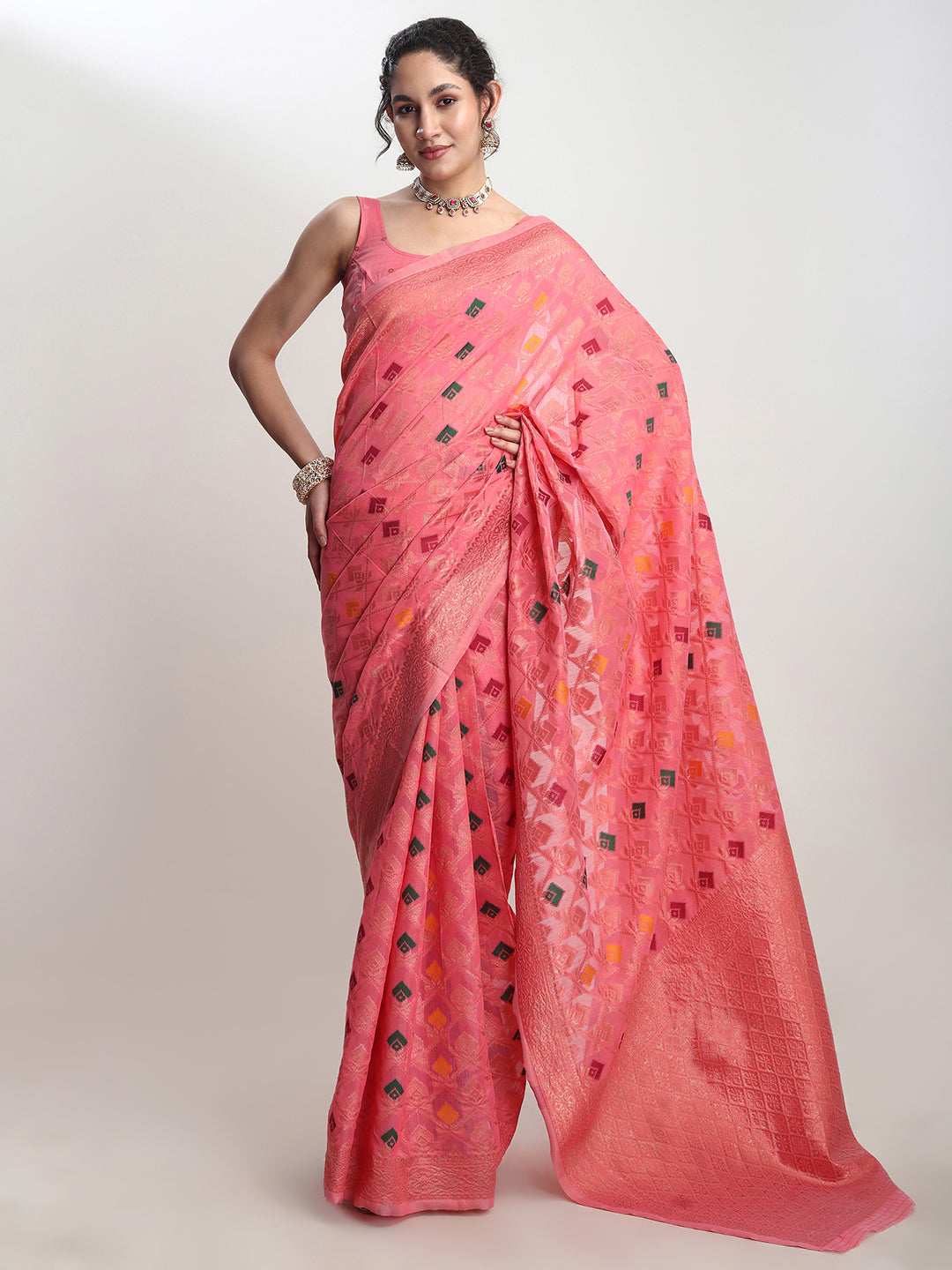 Janasya Peach Linen Blend Geometric Jacquard Saree | Swadesiicart