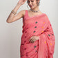 Janasya Peach Linen Blend Geometric Jacquard Saree | Swadesiicart