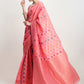 Janasya Peach Linen Blend Geometric Jacquard Saree | Swadesiicart