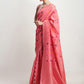 Janasya Peach Linen Blend Geometric Jacquard Saree | Swadesiicart