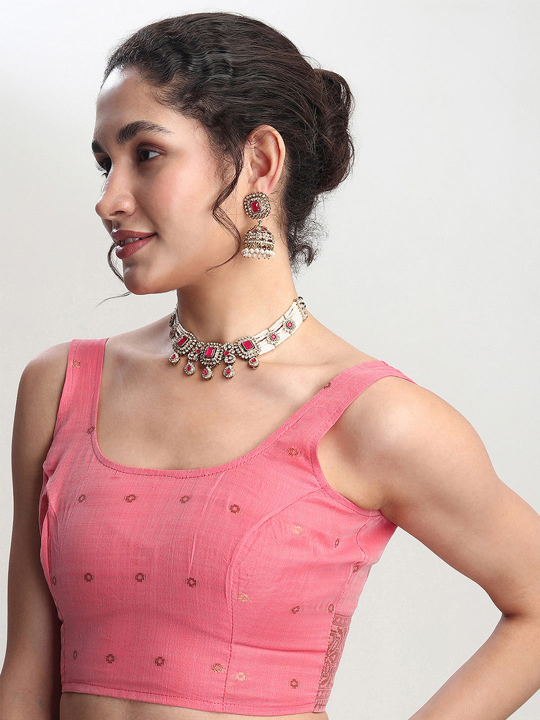 Janasya Peach Linen Blend Geometric Jacquard Saree | Swadesiicart