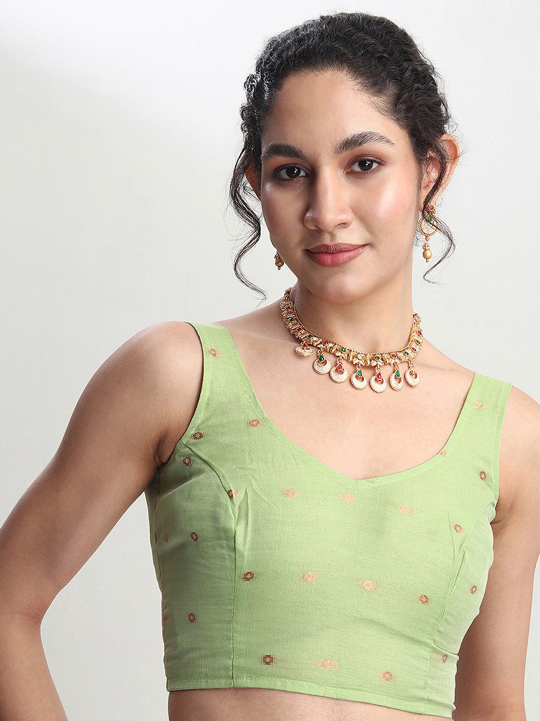 Janasya Light Green Linen Blend Floral Jacquard Saree | Swadesiicart