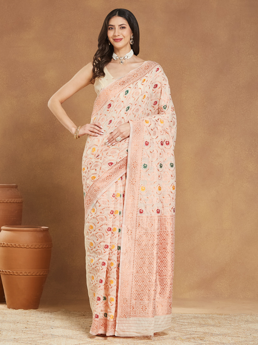 Janasya Light Peach Linen Blend Patola Jacquard Saree | Swadesiicart