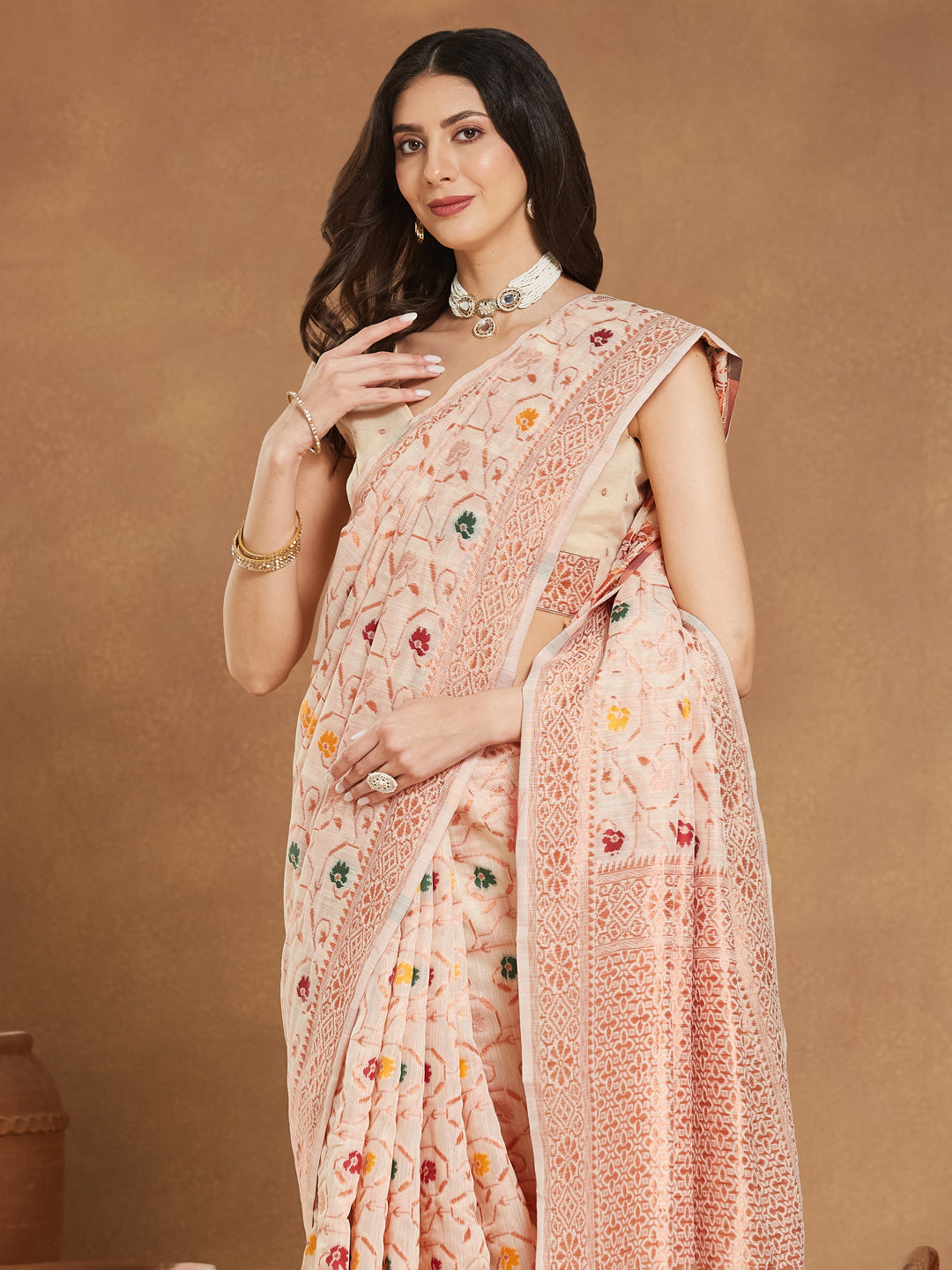 Janasya Light Peach Linen Blend Patola Jacquard Saree | Swadesiicart