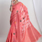 Janasya Peach Linen Blend Floral Jacquard Saree | Swadesiicart