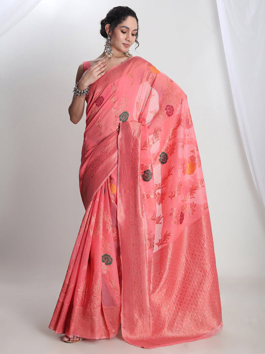 Janasya Peach Linen Blend Floral Jacquard Saree | Swadesiicart