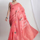 Janasya Peach Linen Blend Floral Jacquard Saree | Swadesiicart