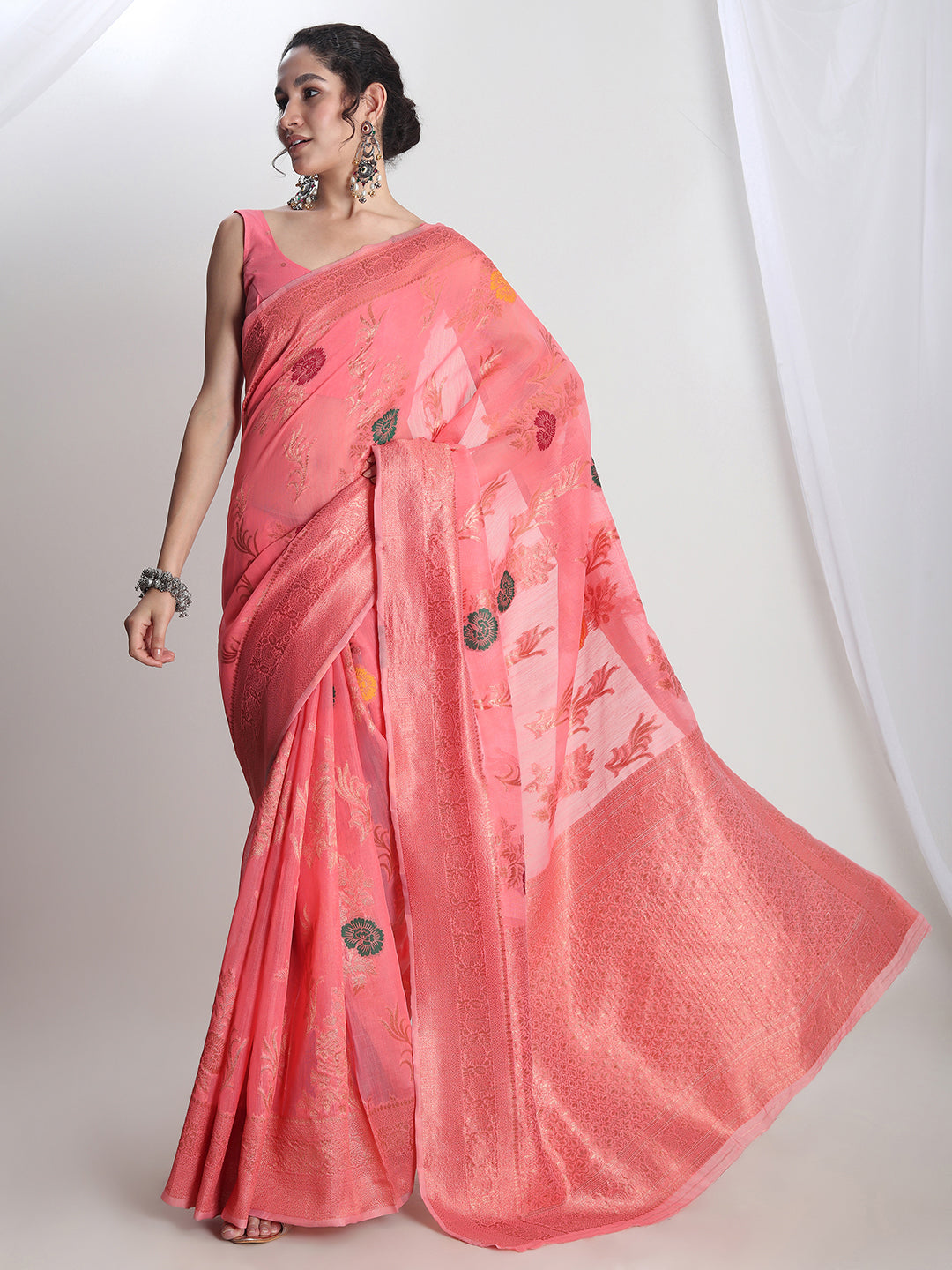 Janasya Peach Linen Blend Floral Jacquard Saree | Swadesiicart