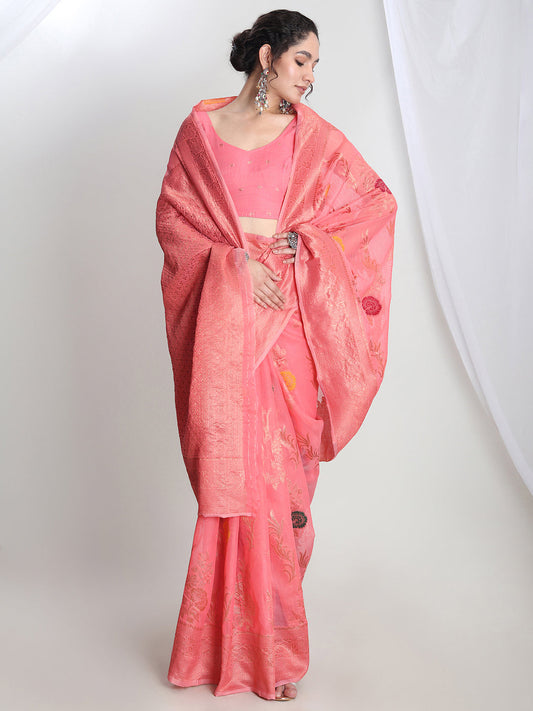 Janasya Peach Linen Blend Floral Jacquard Saree | Swadesiicart