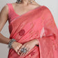 Janasya Peach Linen Blend Floral Jacquard Saree | Swadesiicart