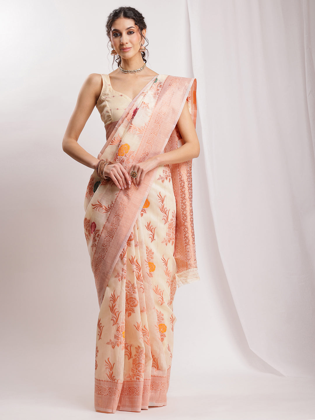 Janasya Orange Linen Blend Floral Jacquard Saree | Swadesiicart