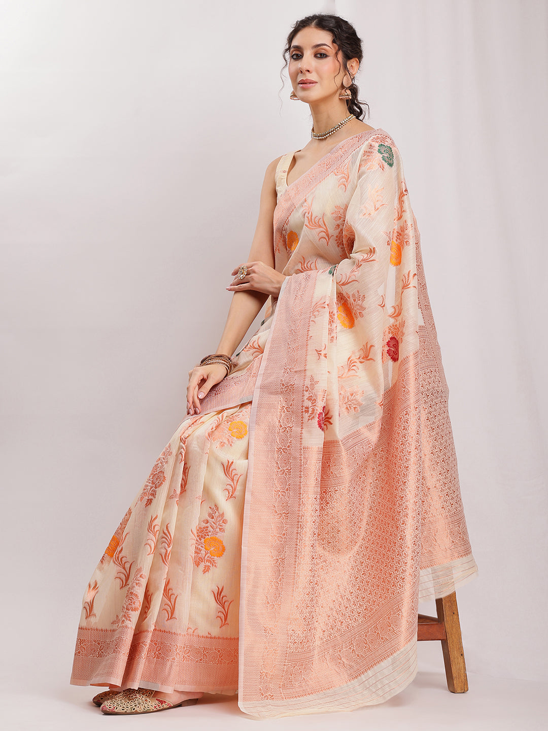 Janasya Orange Linen Blend Floral Jacquard Saree | Swadesiicart