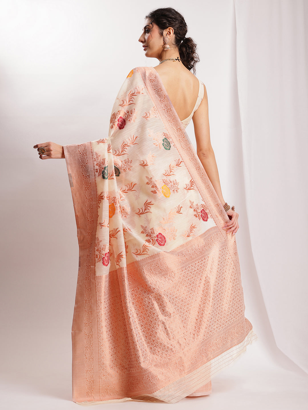 Janasya Orange Linen Blend Floral Jacquard Saree | Swadesiicart
