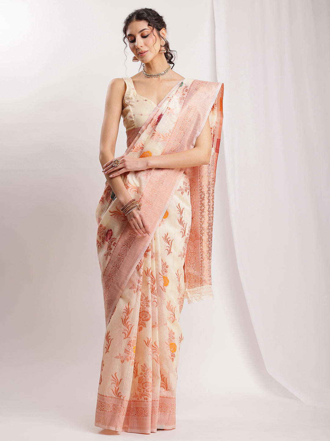 Janasya Orange Linen Blend Floral Jacquard Saree | Swadesiicart
