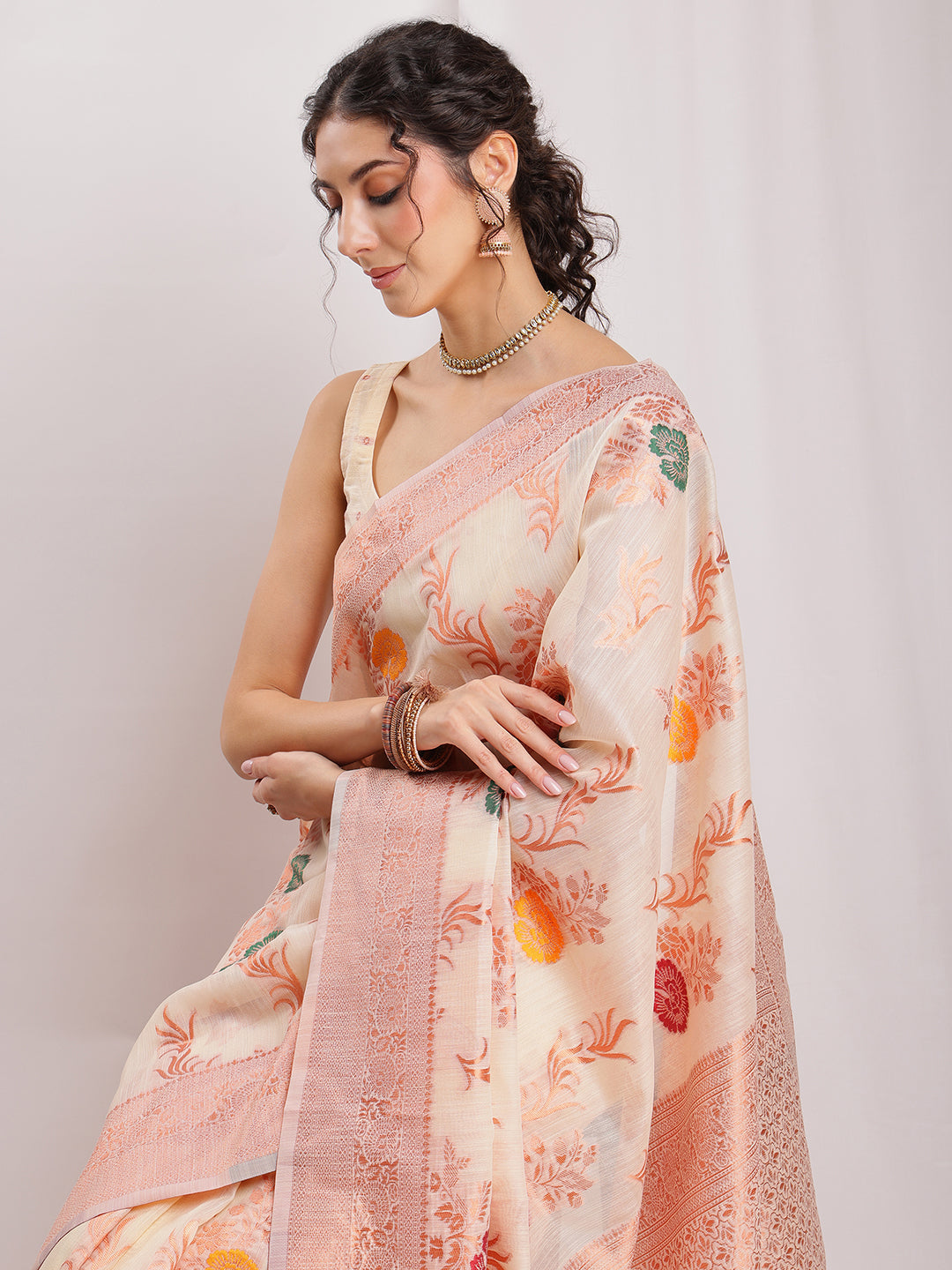 Janasya Orange Linen Blend Floral Jacquard Saree | Swadesiicart
