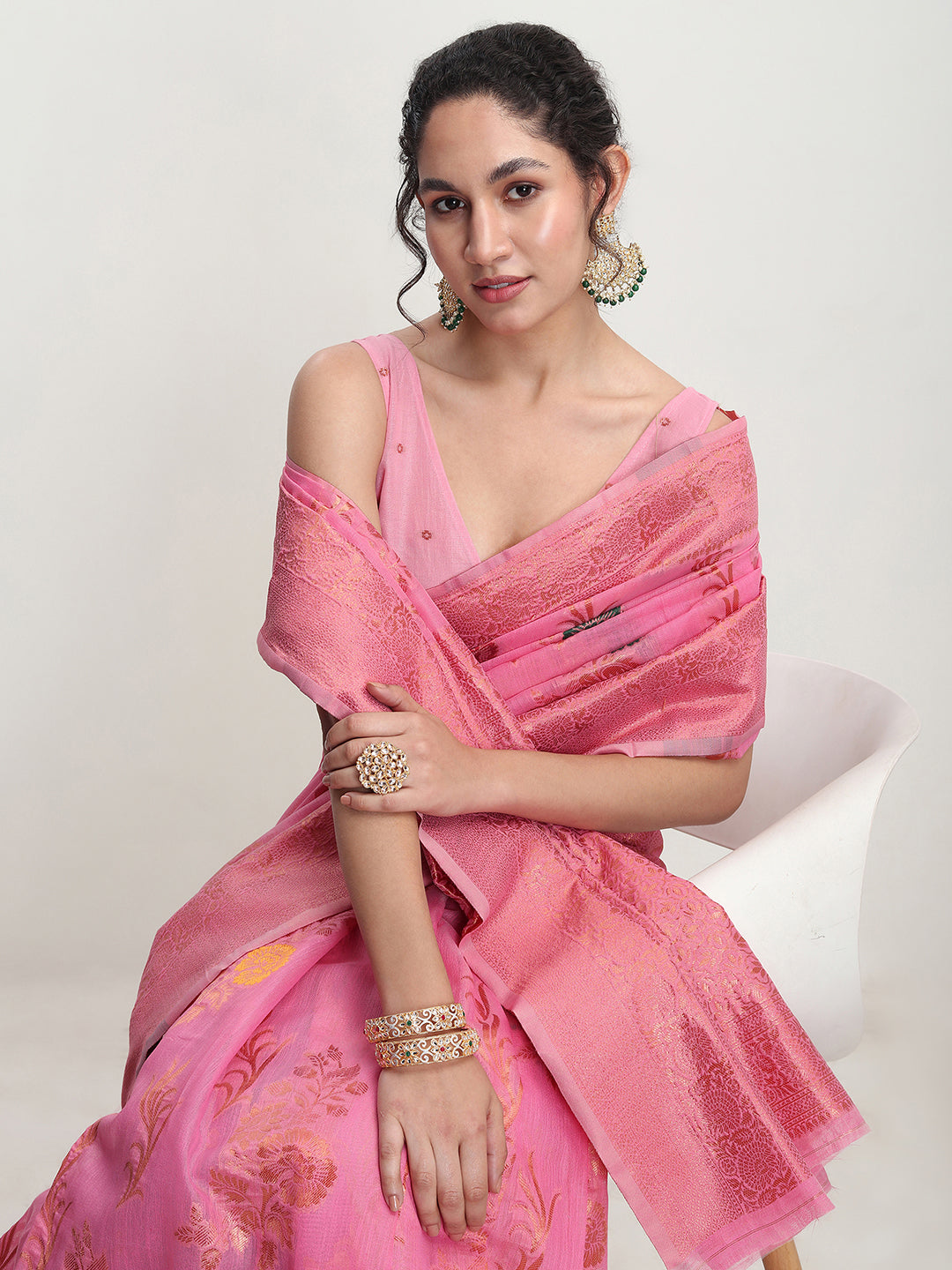 Janasya Pink Linen Blend Floral Jacquard Saree | Swadesiicart