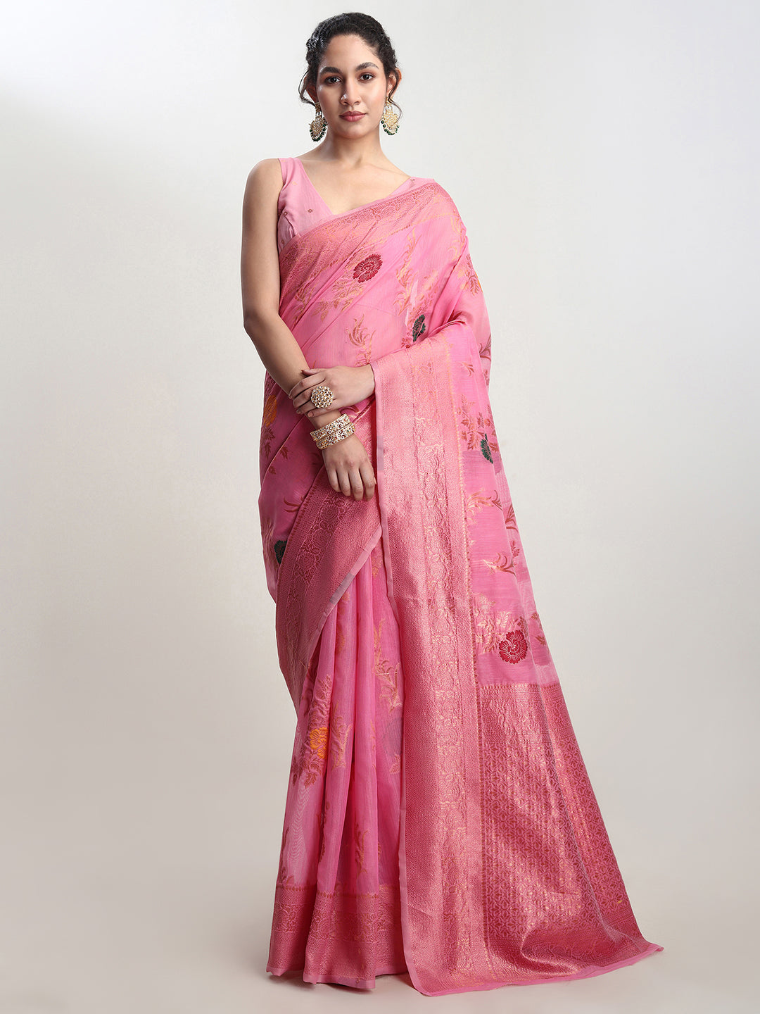 Janasya Pink Linen Blend Floral Jacquard Saree | Swadesiicart
