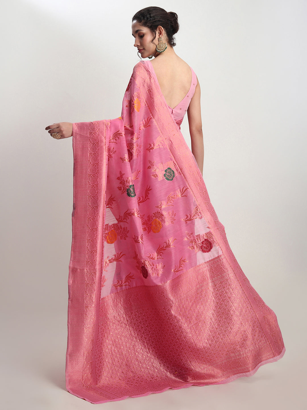 Janasya Pink Linen Blend Floral Jacquard Saree | Swadesiicart
