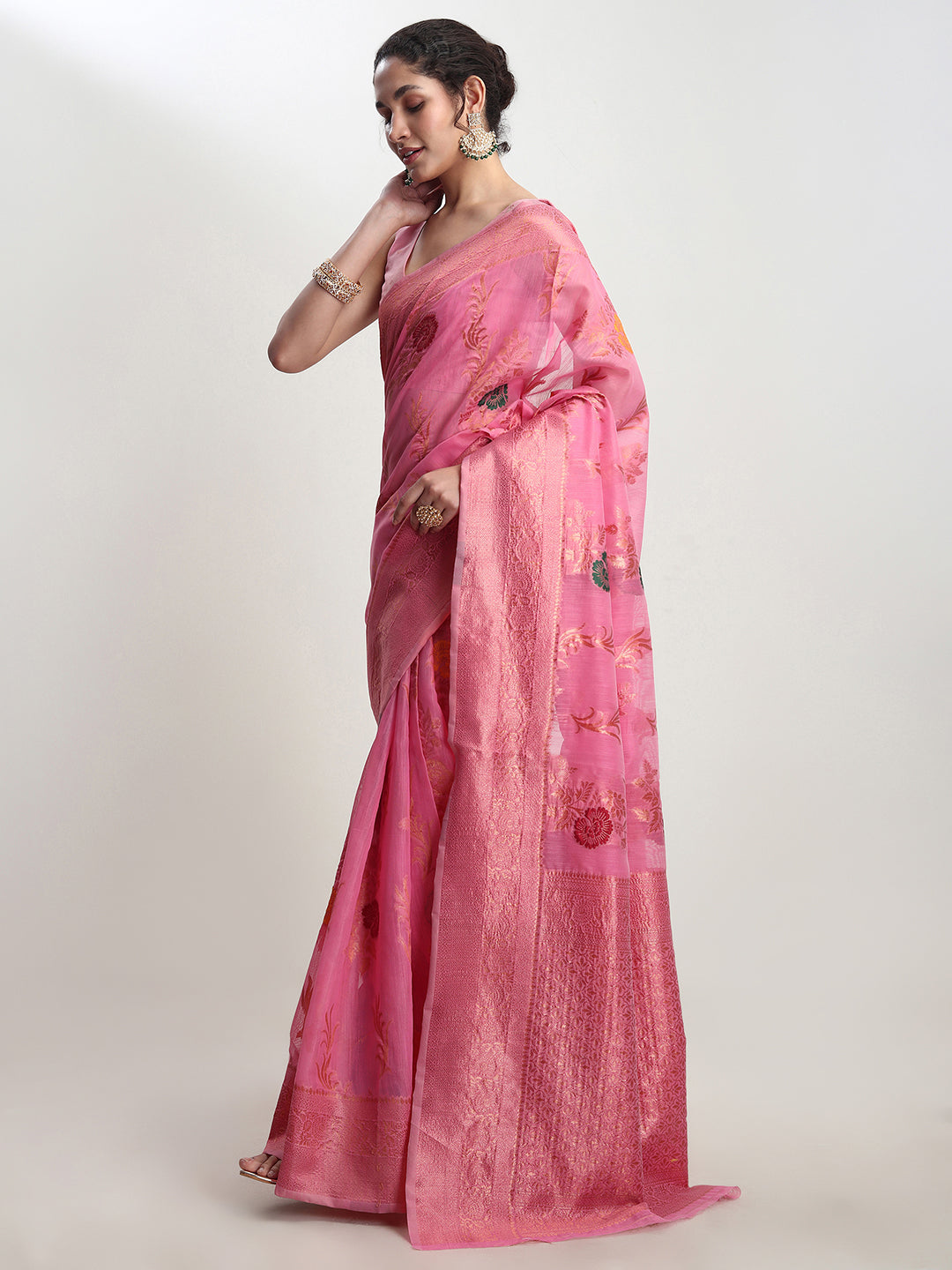 Janasya Pink Linen Blend Floral Jacquard Saree | Swadesiicart