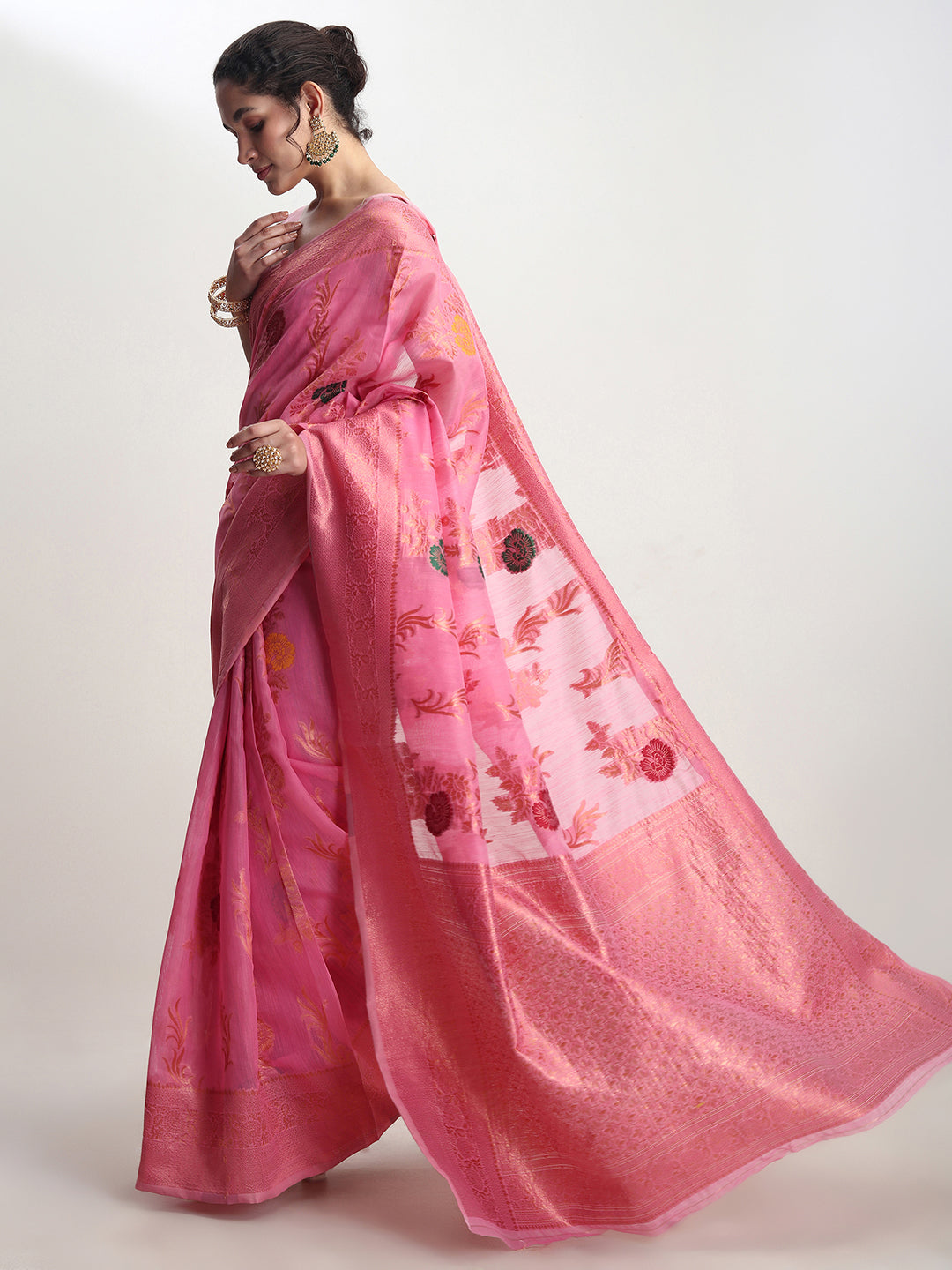 Janasya Pink Linen Blend Floral Jacquard Saree | Swadesiicart
