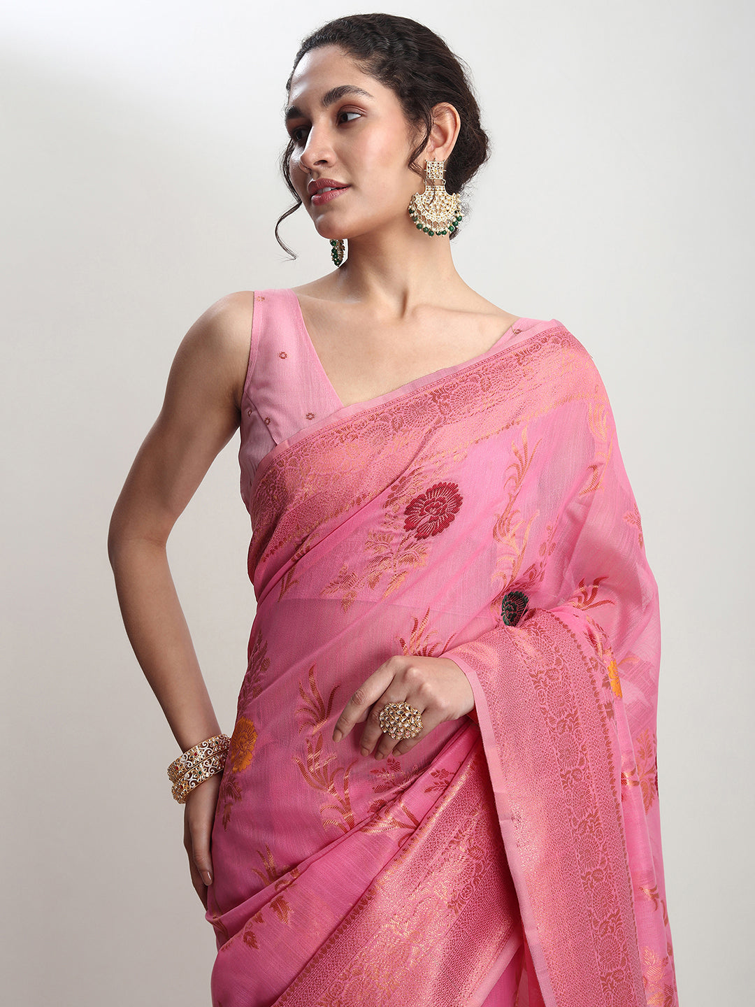 Janasya Pink Linen Blend Floral Jacquard Saree | Swadesiicart